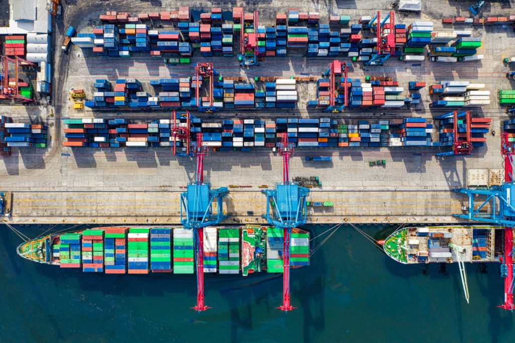 Aerial shot of international shipping port