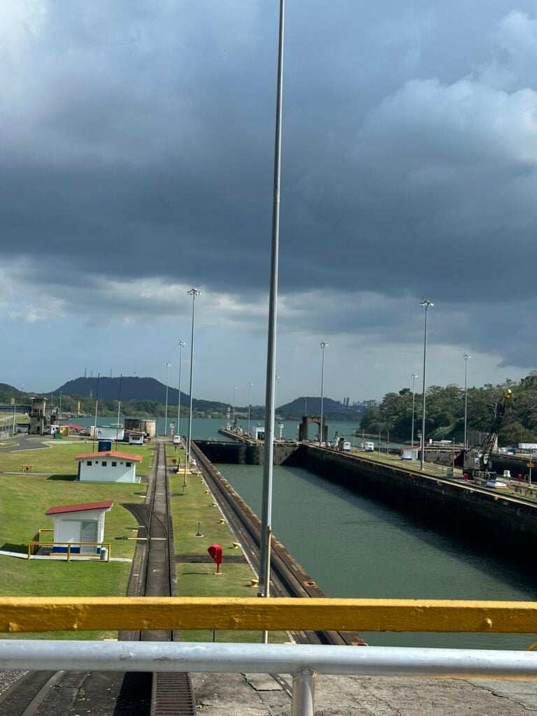 Panama Canal shipping lanes and lock gates in action.